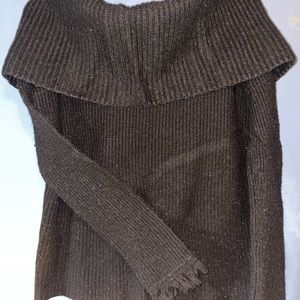 Black knit off the shoulder sweater with frayed sleeves
